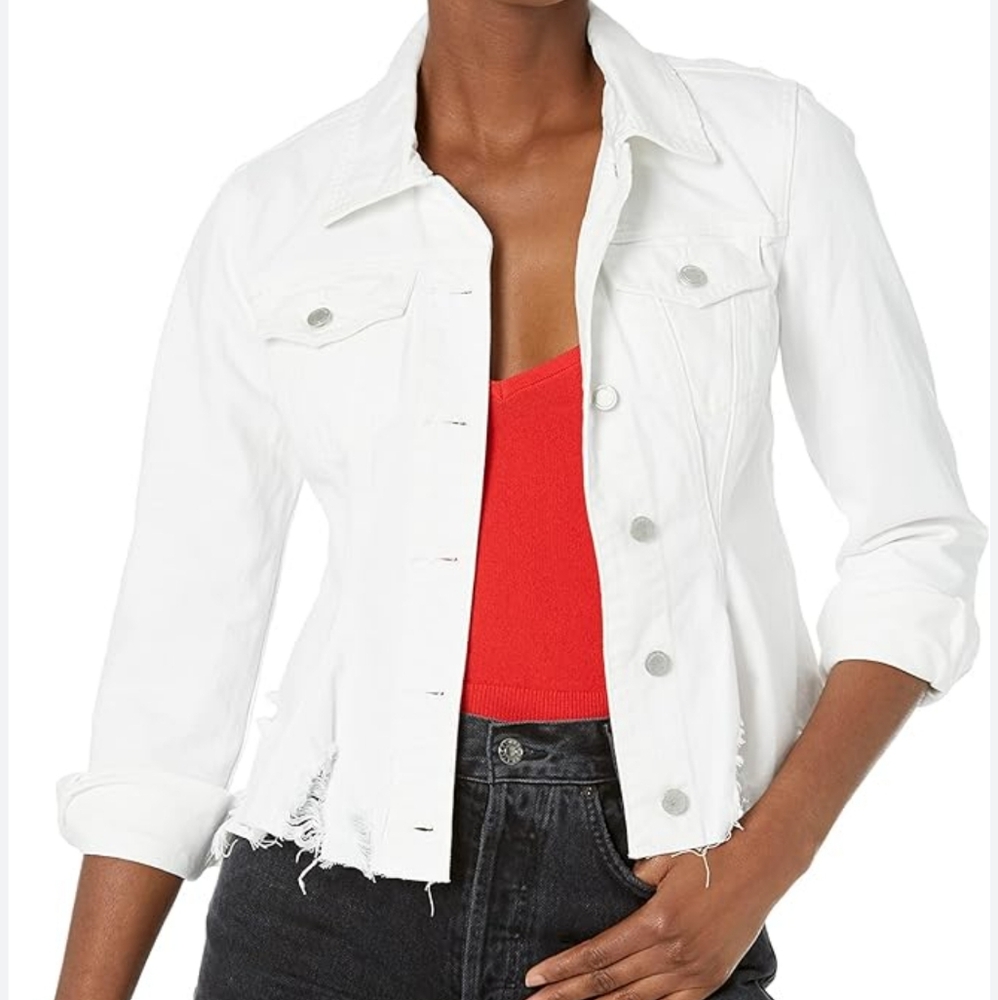 Blank NYC Lightbox White Distressed Frayed Denim Trucker Jacket Size M